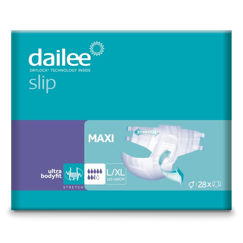 Dailee Slip Maxi L/XL - 112x Pieluszki Dla Starszych Majtek - 4 Paczki po 28 Sztuk, Absorbencja Maxi 7,5 Kropli - Slip Poślizg Absorbent Nietrzymanie Moczu Kobiety Mężczyźni