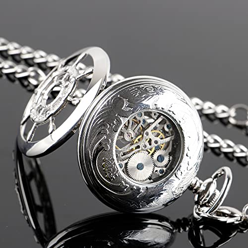 Image of Men's Mechanical Hollow Design Hand Wind Pocket Watch Roman Numerals Steampunk with Chain Box