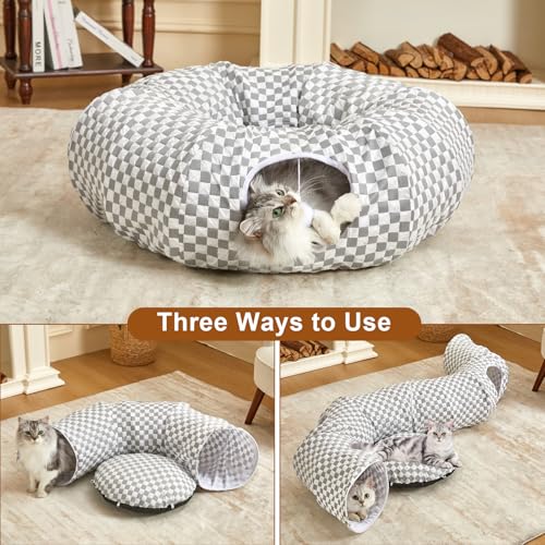Image of Tunnel Bed for Indoor Cats Peekaboo Cave Donut for Cat with Washable Circle Cushion Interior Cat Play Tunnel（Light Grey）