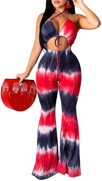 Remelon Womens Spaghetti Strap Halter Tie Dye Print Cut Out Bodycon Bell Flare Pants Club Party One Piece Jumpsuits Rompers