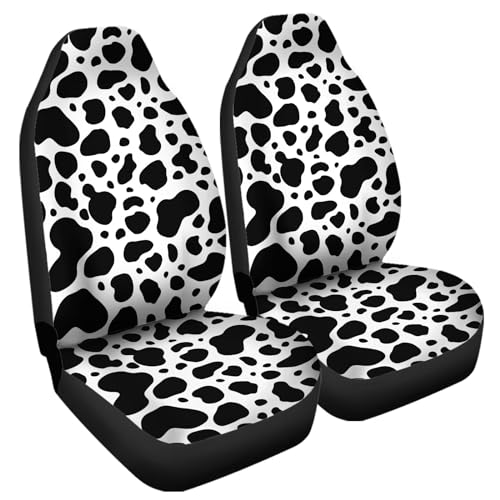 Image of 2pcs Waterproof Durable Car Seat Cover, Black & White Cow Pirnt Auto Front Seats Protector for Men Women Fit SUV Truck Sedans