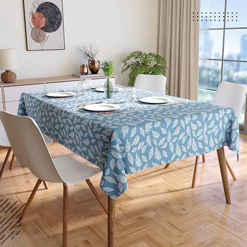 Image of Encasa XO Dining Table Cover Cloth for 4 to 6 Seater (56 inchx72 inch) | Cotton Rectangular Dining Table Cloth - Machine Washable Rectangle Tablecover for Wedding, Party, Buffet - Big Leaves Blue