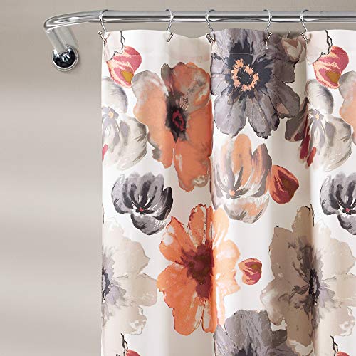 Image of Lush Decor Leah Floral Shower Curtain, 72 inch W x 72 inch L, Coral & Gray - Fabric Shower Curtains - Watercolor Botanical Bathroom Curtain - Farmhouse & French Country Decor