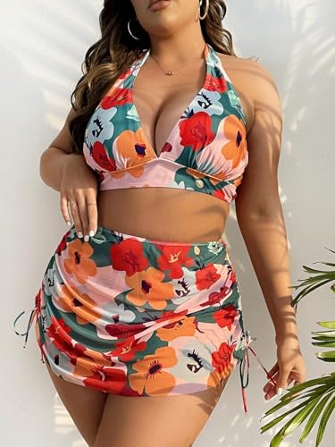 Plus Size Swimwear for Women Floral Halter Bikini Set with High Waist Bottom & Skirted Cover Up Tummy Control Swimsuit3