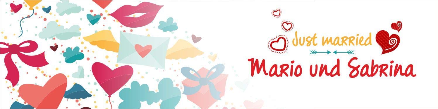 Hochzeitsbanner Motiv 3 mit Ösen 4000 x 1000 mm | PVC 510 g/m², B1 schwer entflammbar, brillanter CMYK-Digitaldruck, rundum geöst, wetterfest, Made in Germany