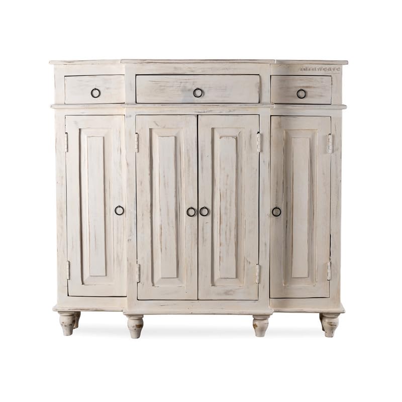 Image of Harvey Wooden Sideboard Cabinet for Living Room | Antique Wooden Cabinet for Storage Organizer with Doors | Cabinet for Home | Wooden Storage Furniture for Home | White Distress