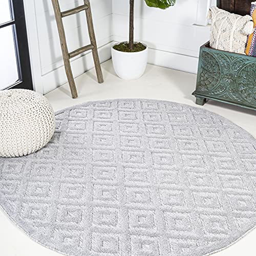 JONATHAN Y JIBZ104 Portmany - Alfombra de Enrejado de Diamantes neutros para Cocina, Sala de Estar, Patio, decoración Interior y Exterior, 5 pies Redondos, Gris Claro