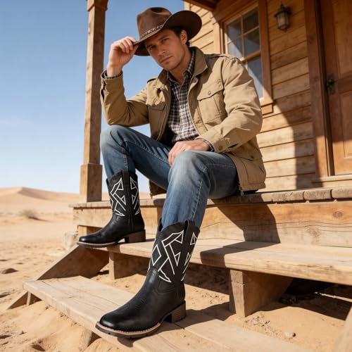 Image of Cowboy Boots for Men Western Square Toe Embroidered Slip Resistant Durable Ankle Boots for Spring Fall