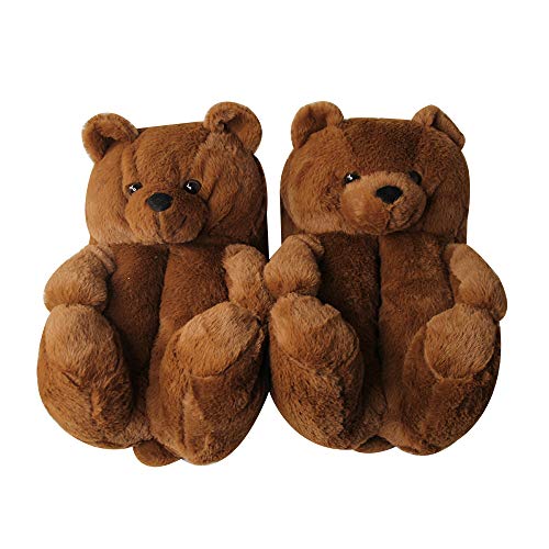 Rosyclo Teddy Bear Slippers For Women, Non-Slip Plush Cute Home Floor House Womens Mens Faux Fur Slippers Sandals, Soft Comfortable Warm Fluff Bedroom Indoor Cartoon Winter Slides Shoes (Dark Brown) #TOP8