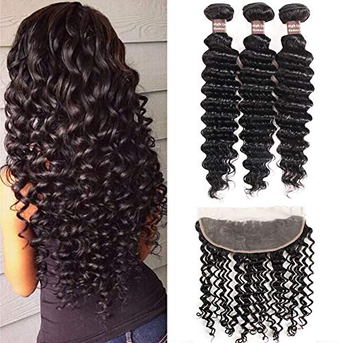 Bundles with Frontal Ali Funmi (24 26 28+20) Peruvian Deep Wave Unprocessed Human Hair Bundles Virgin Deep Wave Bundles with 13x4 Lace Frontal Closure Hair Extension Hair Weaves Natural Color
