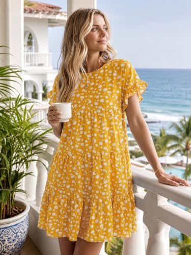 Image of Chuanqi Womens Ruffles Boho Floral Printed Babydoll Loose Swing Casual Short Mini T-Shirt Dress