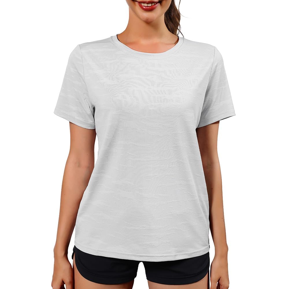 Short Sleeve Shirts for Women Dry Fit Summer Workout Tops Athletic Running Outfits 2025 Crewneck Basic Tee Breathable Golf Clothes Light Grey M