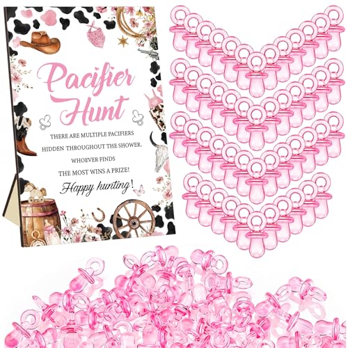Image of Thyle 51 Pcs A Little Cowgirl Is on the Way Baby Shower Games Pink Cowgirl Pacifier Hunt Include Hunt Sign and 50 Acrylic Pacifiers for Baby Shower Game Decoration Gift Sets Gender Reveal Party Decor