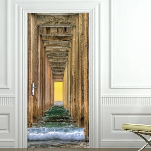 Pegatinas Puerta 3D Puente Marítimo Moderno Pegatinas para Puertas de Agua de Mar Vinilo Decorativo Pegatina Pared Mural para Puerta Autoadhesivas Papel Pintado Puerta 80x200 cm A-3117