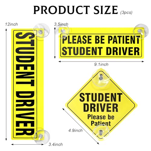 Image of 3 PCS Student Driver Sticker, Removable Reusable New Driver Sign with Suction Cups, Please Be Patient Novice Driver Safety Warning, Rookie Driver Sticker for Car Windows