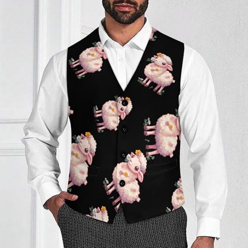 Cute Sheep with Flower Mens Slim Fit Suit Vest Dress Waistcoat Casual Business Vest2