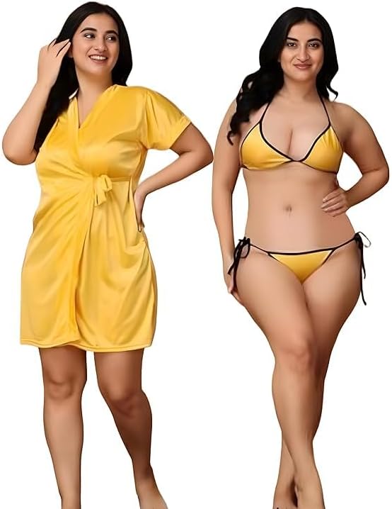 Satin Short Sleeves Solid Robe with Bra Panty Set for Women | Honeymoon Nighty | Romantic Nightwear | Nighties & Nightdresses Lingerie Sleepwear | Honeymoon Special Dress