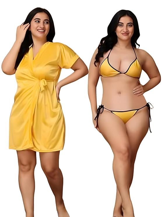 Satin Short Sleeves Solid Robe with Bra Panty Set for Women | Honeymoon Nighty | Romantic Nightwear | Nighties & Nightdresses Lingerie Sleepwear | Honeymoon Special Dress-image-5
