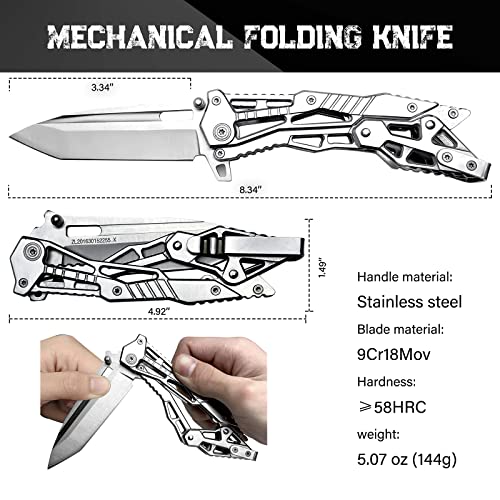 Naxfuss Mechanical Style Folding Knife Tactical Pocket Knife - 8.3" Cool Survival Edc Knives With Clip For Outdoor Hunting Camping Fishing, Christmas Birthday Gifts For Men, Dad (Steel) #TOP1