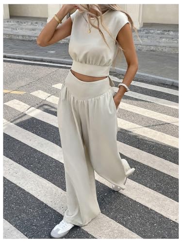 Verdusa Women's 2 Piece Business Casual Outfits Tie Back Summer Tops and Wide Leg Pants with Pockets3