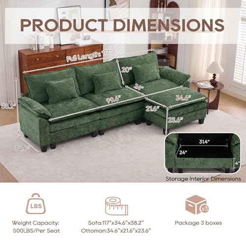 Image of IPKIG 117 inch Modular Cloud Couch with Storage, L Shaped Sectional Sofa with Ottoman & Pillow, Chenille Deep Seat Sectional Couches for Living Room, Apartment, Green