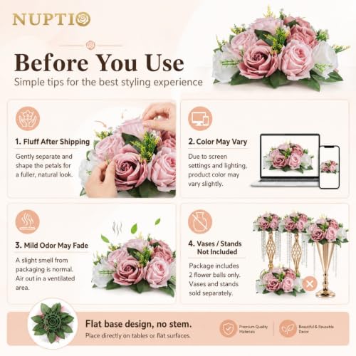 Image of NUPTIO Flower Balls for Table Centerpieces: Dusty Pink & White Fake Flowers