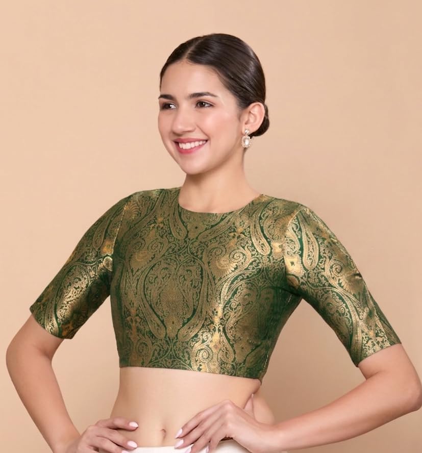 Image of Studio Shringaar Women Brocade Silky Jewel Neck Readymade Elbow Length Sleeve Saree Blouse