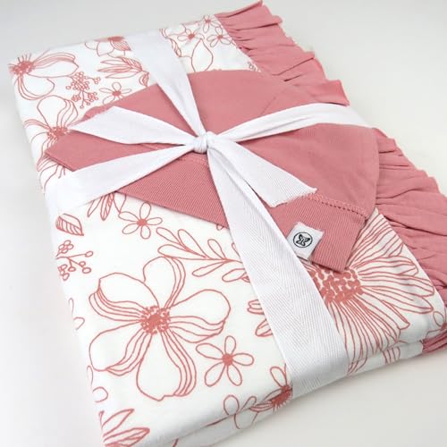 Image of HonestBaby Knit Stroller Blanket with Trim Detail and Baby Hat 100% Organic Cotton for Infant Boys, Girls, Sketchy Floral Pink (2-Pack), One Size