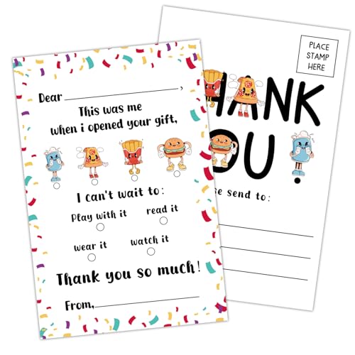 Cute Food Thank You Postcards for Kids 4x6 No Envelope Needed Double Sided Post Cards, 25 PCS Kids Thank You Cards Fill in the Blank Birthday Postcards for Birthday Party and Event((Vertical)-19