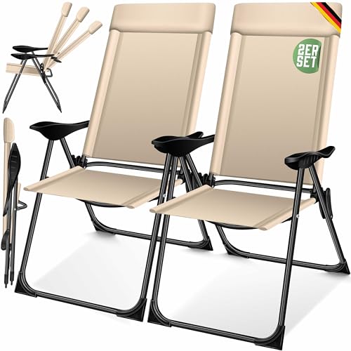 KESSER® 2er Set Gartenstuhl Hochlehner Alu Klappstuhl 7-Fach Verstellbar mit Armlehnen Atmungsaktiv klappbar Campingstuhl Balkonstuhl Klappsessel Garten Terrasse, Beige