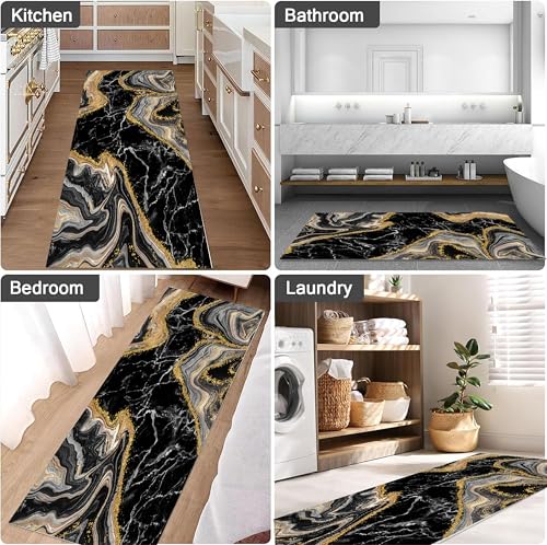 Tapete corredor mármol negro y dorado 3.3x10ft antideslizante miniatura 4