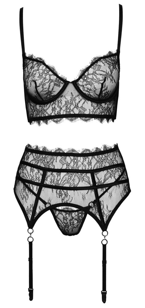 Orion Conjunto de lencería seductor para mujer, con sujetador balconette, cinturón y tanga, encaje ajustable, color negro