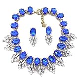 Zthread Luxury Colorful Crystal Statement Necklace Leaf Pendant Choker Eveing Dress Bridal Jewelry Necklace Earrings Set for Women (Royal Blue)