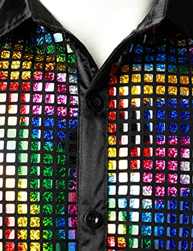 JOGAL Mens Dress Shirt Silver Sequins Short Sleeve Button Down 70s Disco Shirt Party Costume Multicolor X-Large - Image 3