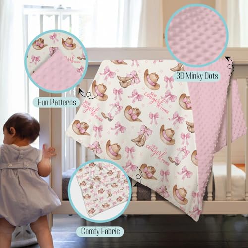 Image of Mink Baby Girl Blanket Western New Cowgirl in Town, Pink Bow Ribbon Boot Hat Soft Double Layer Dotted Backing Receiving Swaddle, Newborn Infant Toddler Nursery Crib Bedding Shower Gift 30 x 40
