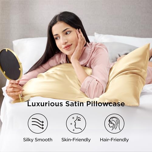 Image of Bedsure Satin Pillowcase 2 Pack Similar to Silk Pillow Cases Standard Size, Pillow Case for Sleeping Women with Envelope Closure, Gifts for Women Men, Champagne Gold, 20x26 Inches, 2pcs