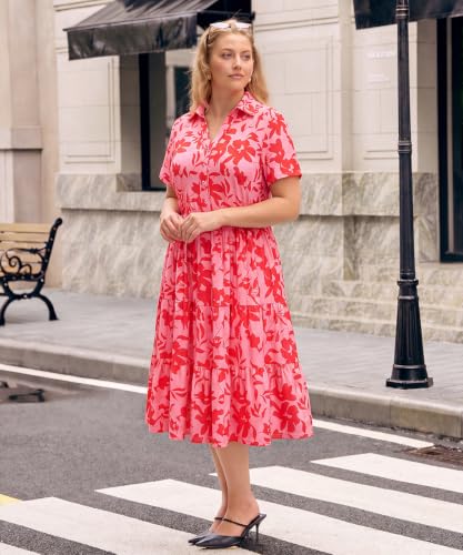 Image of CARCOS Plus Size Dresses for Curvy Women Collared Vneck Short Sleeve Dresses Midi Summer Ruffle Dress with Pocket XL-5XL
