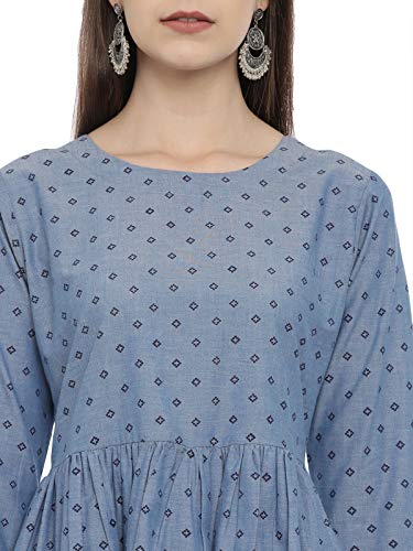 Image of Elleora Women Denim Navy Block Printed Fit and Flare Dress.