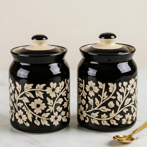 Image of D'Maiolica Pickle Jars in 1000ml (set of 2) | Handpainted Floral Pattern 1 kg Achaar Martban | Ceramic Container Set for Kitchen Storage (Pack of 2) (Black Floral Bale)