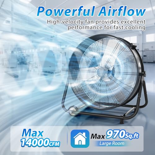 Image of LifePlus 14000 CFM Heavy Duty Industrial Drum Fan, 30 Inch 550W Metal Shop Fan with 3 Speeds, 360 Tilt, Wheels for Warehouse, Commercial, Workshop, Factory and Basement, Black