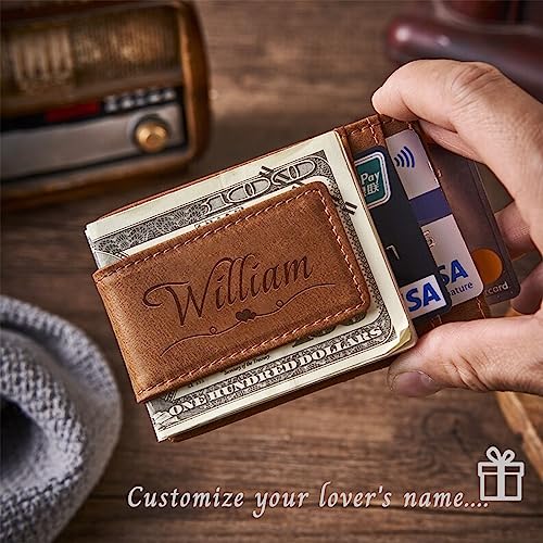 ubmpj Custom Wallets for Men Leather Money Clip with Engraved Text Initals Personalized Minimalist Wallet for Men Customized Gifts for Husband Dad Boyfriend -Oil Skin 5