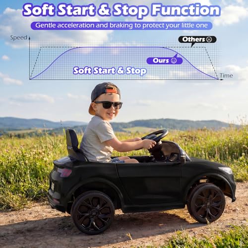 Image of Costzon Ride on Car, 12V Licensed Ford Mach E Kids Electric Vehicle with Parent Remote, LED Lights, Horn, Music, Wireless Connection & Spring Suspension, Kids Car Toy for Girls Boys (Deep Black)
