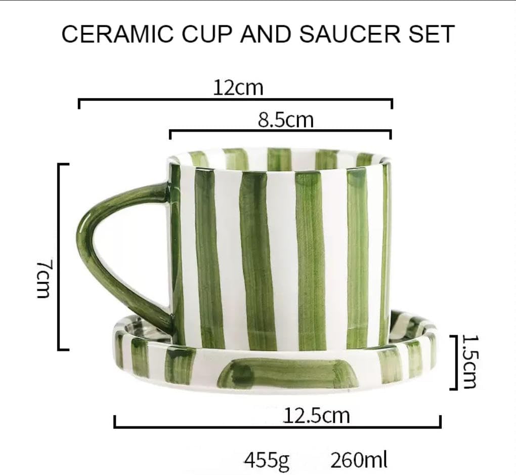 Cup and Saucer Set Hand-Painted Green Stripes, 8 Oz Ceramic Coffee Mug, Espresso Cups, Porcelain Coffee Cup for Cappuccino, Espresso, Coffee, Tea, Cafe Mocha, Latte, Set of Cup Gift for Coffee Lover
