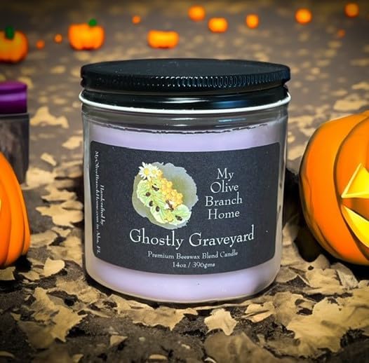 Premium Beeswax Blend Autumn Scented Candles Set, 14 Ounces Each, Glass Container with Black Metal Lid, Indoor Use, Multi-Color (Ghostly Graveyard)