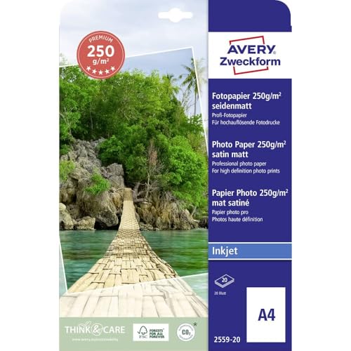 Avery Zweckform Art. 2559-20 Premium Inkjet Fotopapier (20 Blatt, 250 g/m², DIN A4, seidenmatte Fotokarten, einseitig beschichtet, sofort trocken & wischfest, Fotoblätter für Inkjet-Drucker) weiß