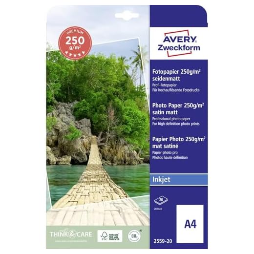 Avery Zweckform Art. 2559-20 Premium Inkjet Fotopapier (20 Blatt, 250 g/m², DIN A4, seidenmatte Fotokarten, einseitig beschichtet, sofort trocken & wischfest, Fotoblätter für Inkjet-Drucker) weiß