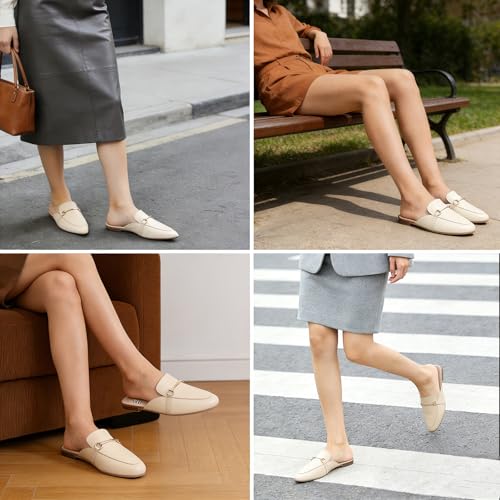 Image of MUSSHOE Gold Buckle Mules for Women - Comfortable Memory Foam Loafers, Classy Slip On Flats for Office Business Casual, Dressy Pointed Toe Shoes