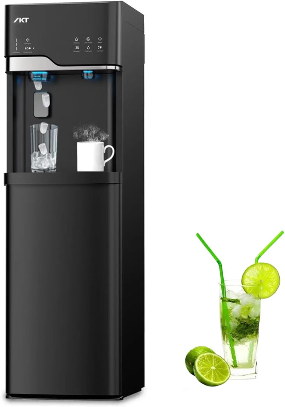 IKT Self Clean 4 in 1 Water Cooler Dispenser with Ice Maker for 5 Gallon Bottle Bottom Load 22lbs Daily Capacity Child Safety Lock Ice Full Alert Black