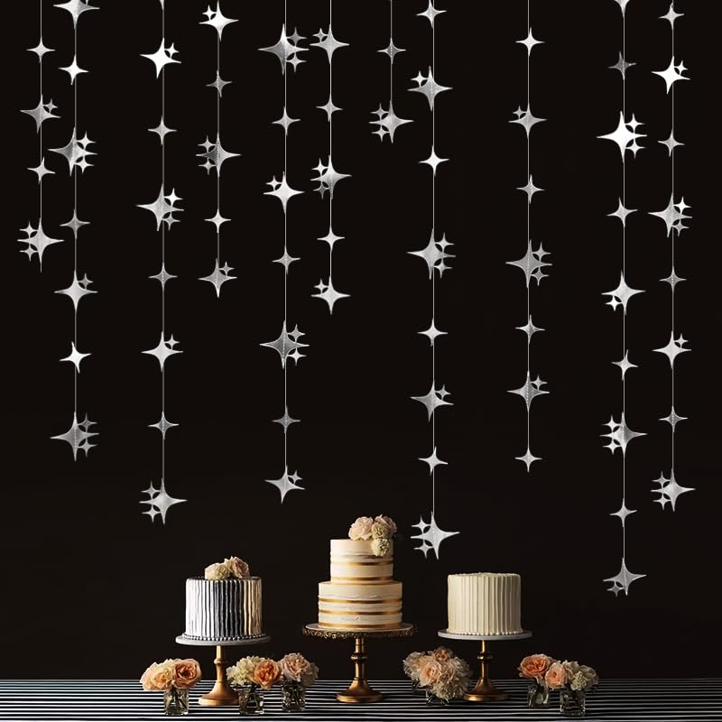 Image of Glitter Silver Four-Angle Star Paper Garland Banner Decor 40 Feet Twinkle Silver Star Hanging Bunting Banner Backdrop for Wedding Baby Shower Birthday Graduation Disco Party Decorations