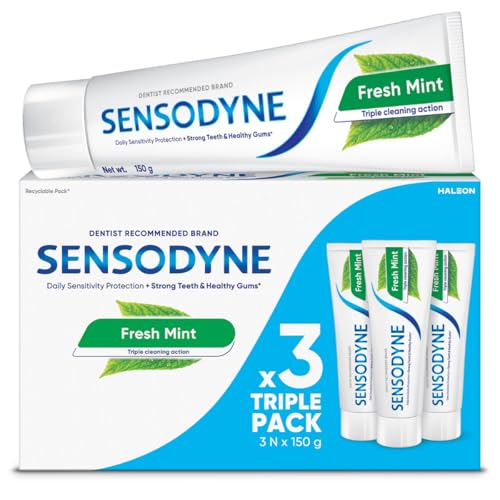 Sensodyne Toothpaste Fresh Mint|Daily Sensitivity Relief Tooth Paste Combo Pack - 450gm (150gm x 3)| Everyday Use Paste, Fresh Breath, Fights Tooth Decay, Maintain Healthy Gums